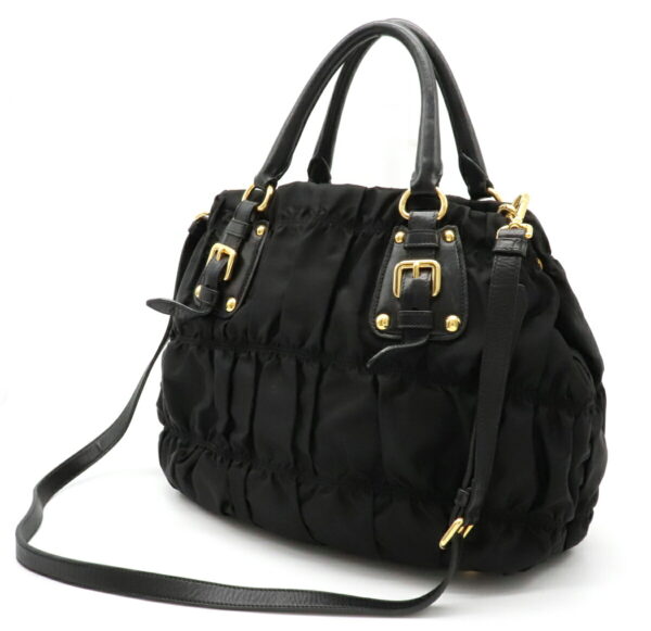 12021061 1 Prada Gathered 2WAY Nylon Leather Shoulder Bag Nero Black