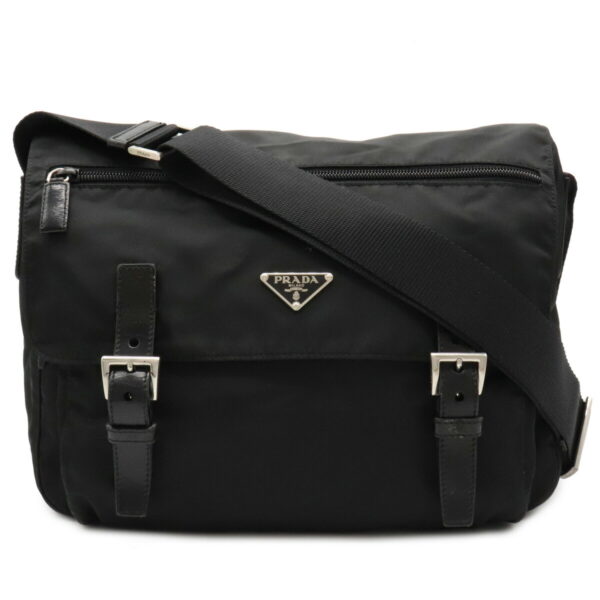 12021071 Prada Diagonal Nylon Leather Messenger Bag Nero Black