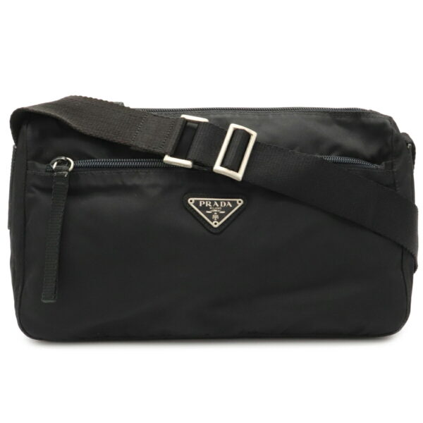 12021196 Prada Diagonal One Shoulder Nylon Leather Bag Nero Black