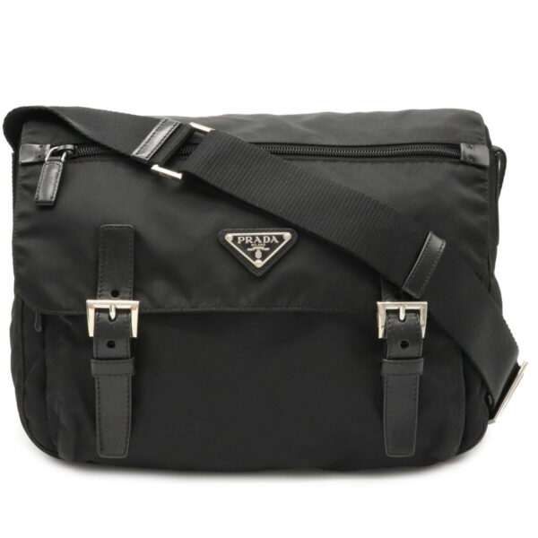 12021349 Prada Diagonal Nylon Leather Messenger Bag Nero Black