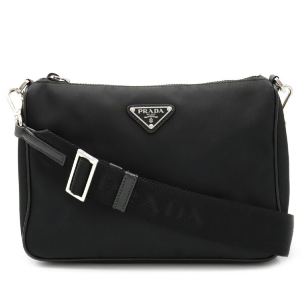 12030332 Prada Diagonal One Shoulder Nylon Leather Bag Nero Black