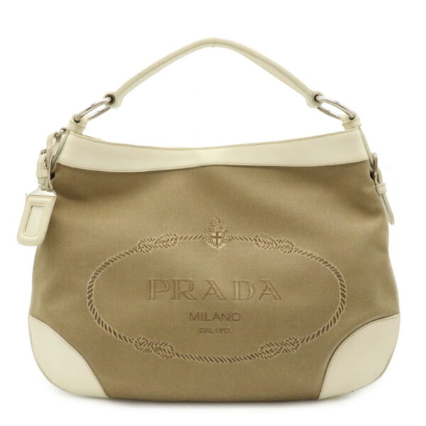 12030369 Prada Logo Jacquard One Shoulder Leather Bag Khaki Ivory