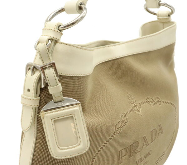 12030369 7 Prada Logo Jacquard One Shoulder Leather Bag Khaki Ivory