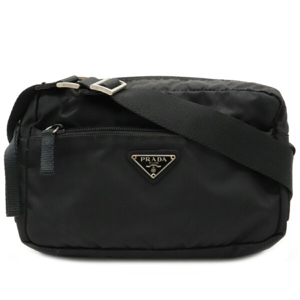 12030649 Prada Diagonal Pochette Nylon Leather Shoulder Bag Nero Black