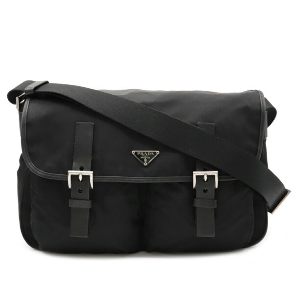 12030662 Prada Diagonal Messenger Nylon Leather Bag Nero Black