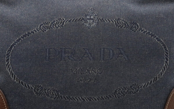 12030693 7 Prada Logo Jacquard Denim Leather Bag Navy Brown