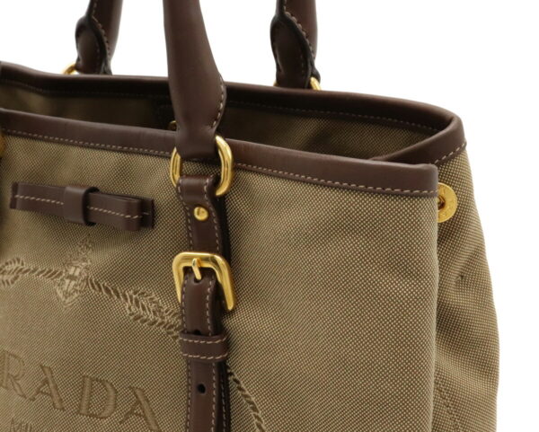 12030694 5 Prada Logo Jacquard Ribbon Leather Tote Bag Khaki Brown