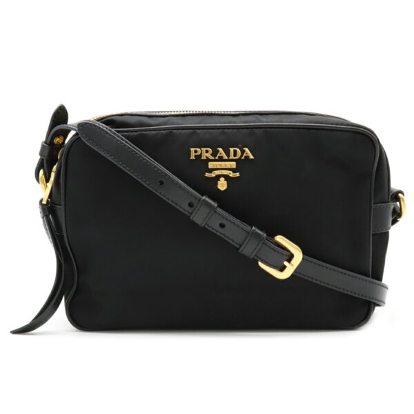 12030695 Prada Diagonal Pochette Nylon Leather Shoulder Bag Nero Black