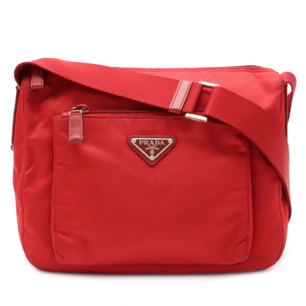 12030877 Prada Diagonal Nylon Leather Shoulder Bag Red