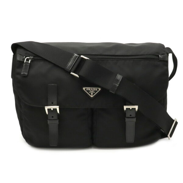 12040716 Prada Vela Diagonal Nylon Leather Messenger Bag Nero Black