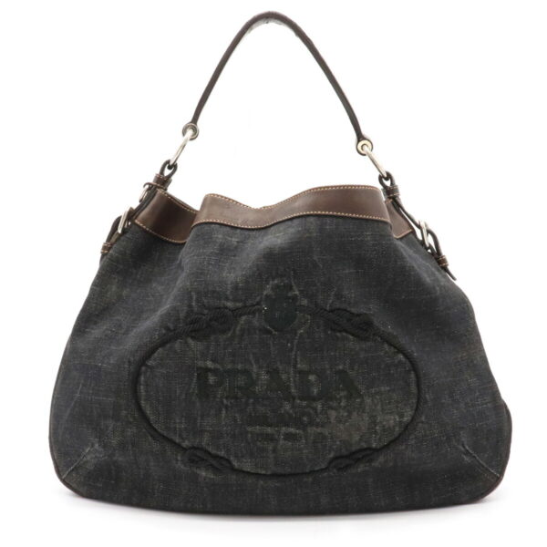 12041147 Prada One Shoulder Denim Leather Shoulder Bag Indigo Black