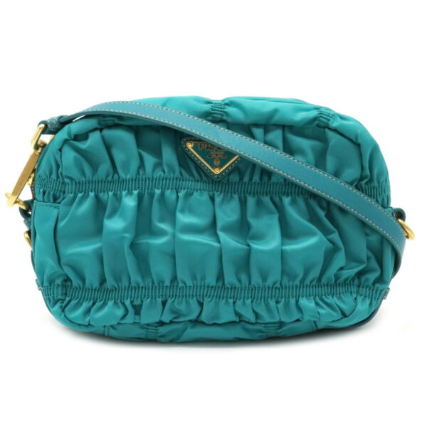 12041207 Prada Gathered 2WAY Nylon Leather Pochette Turquoise Green