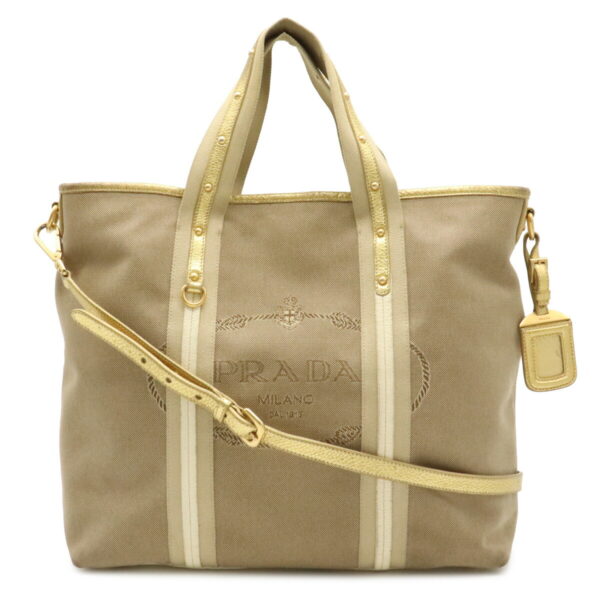 12041208 Prada Jacquard 2WAY Canvas Leather Shoulder Bag Khaki Beige