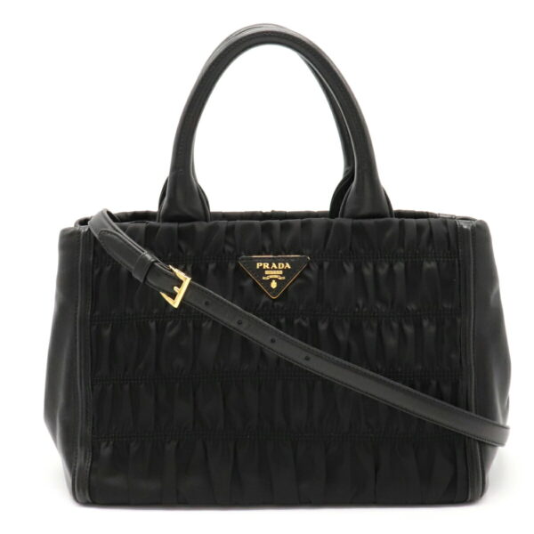 12050190 Prada Gathered 2WAY Nylon Leather Handbag Nero Black