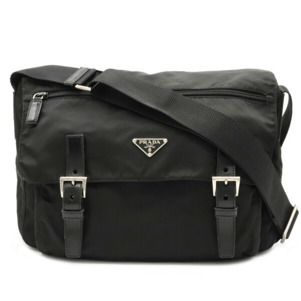 12071297 Prada Diagonal Nylon Leather Messenger Bag Nero Black