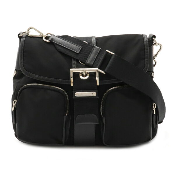 12071429 Prada Diagonal Nylon Leather Shoulder Bag Nero Black