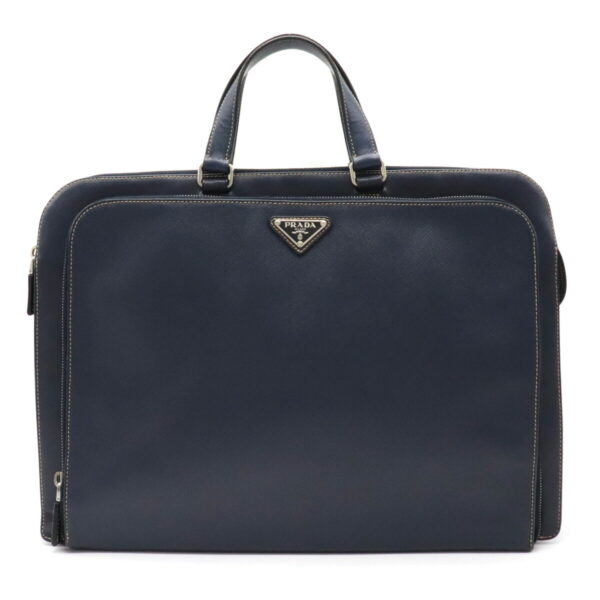 12080346 Prada Saffiano Embossed Leather Briefcase Navy Blue