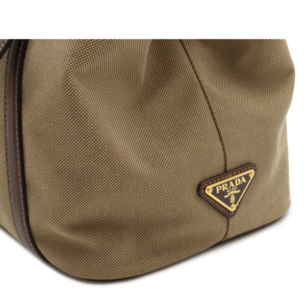 12080531 7 Prada Logo Jacquard Ribbon Leather Crossbody Bag Khaki Brown