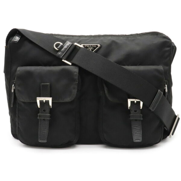 12081472 Prada Diagonal Nylon Leather Shoulder Bag Nero Black