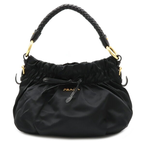 12090891 Prada Gathered One Shoulder Nylon Leather Handbag Nero Black