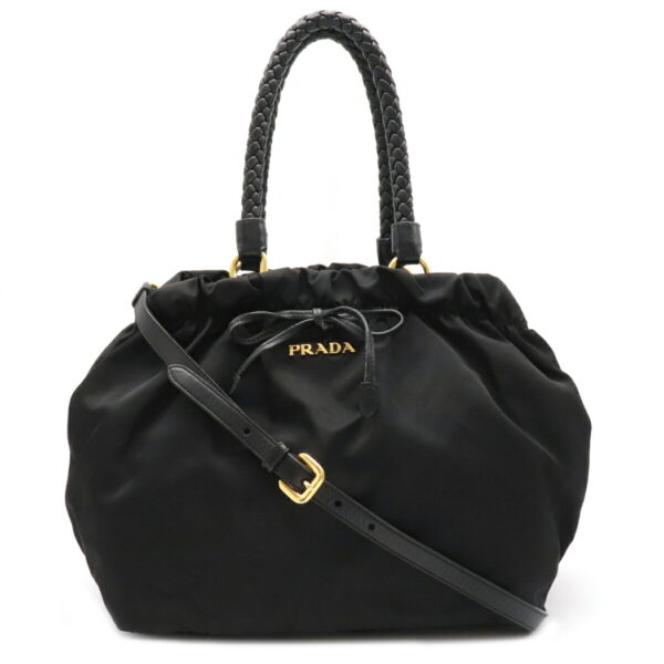 12100135 Prada Ribbon 2WAY Nylon Leather Handbag Nero Black