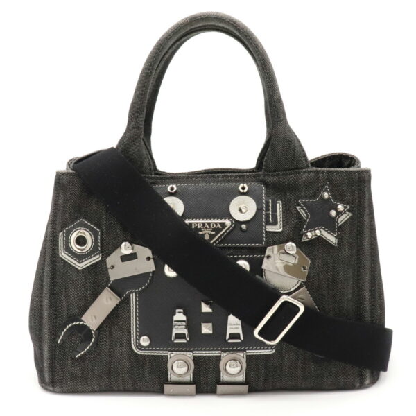 12100319 Prada Canapa Denim Robot 2WAY Tote Bag Nero Black