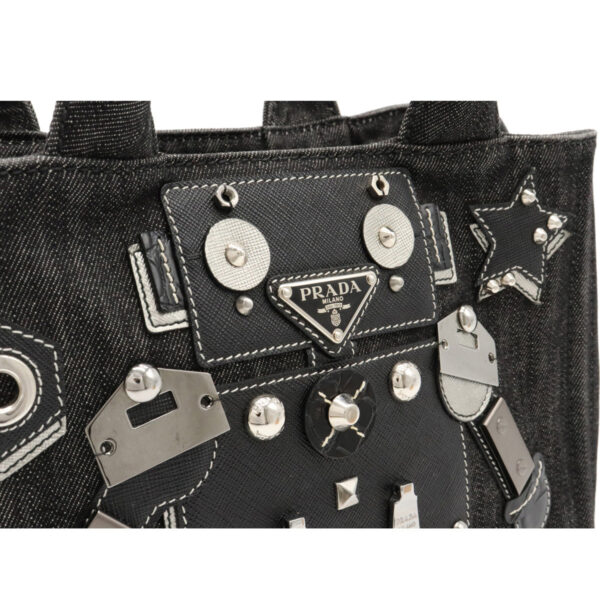 12100319 6 Prada Canapa Denim Robot 2WAY Tote Bag Nero Black