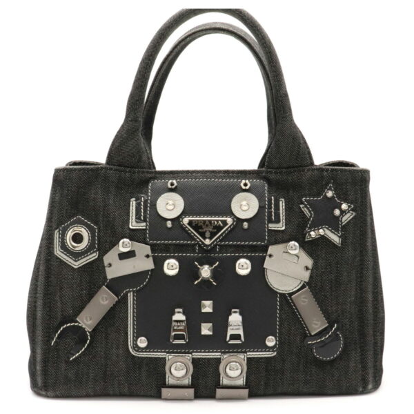 12100319 7 Prada Canapa Denim Robot 2WAY Tote Bag Nero Black