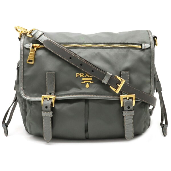 12100752 Prada Diagonal Nylon Leather Messenger Bag Gray