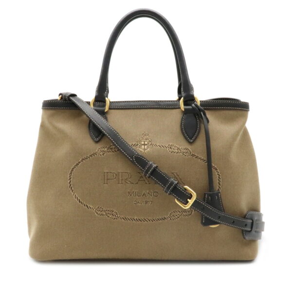 12100804 Prada 2WAY Logo Jacquard Leather Tote Bag Khaki Beige Black