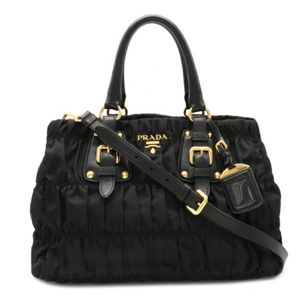 12100811 Prada 2WAY Gathered Leather Handbag Nero Black