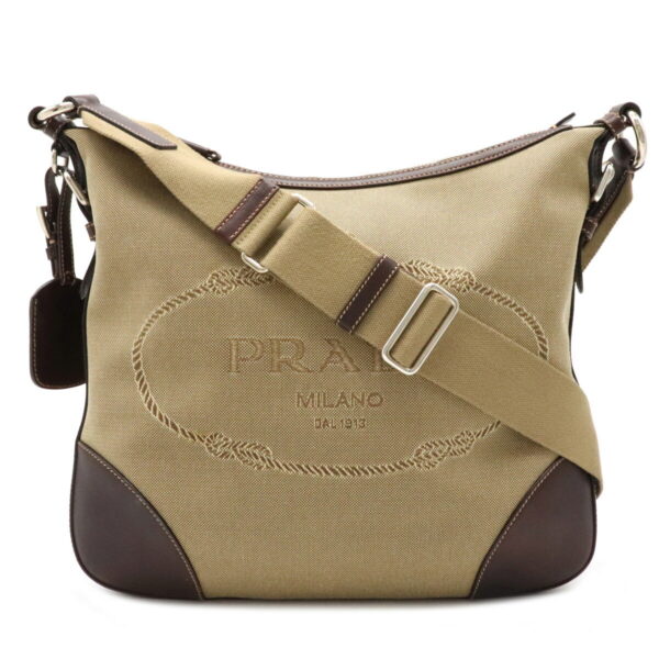 12101016 Prada Logo Jacquard Leather Crossbody Bag Khaki Beige Brown