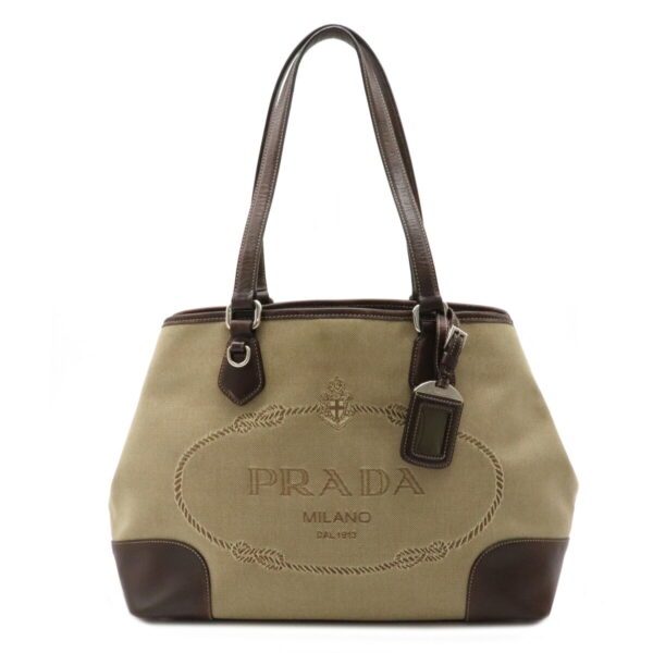 12101496 Prada Logo Jacquard Leather Tote Bag Khaki Beige Brown