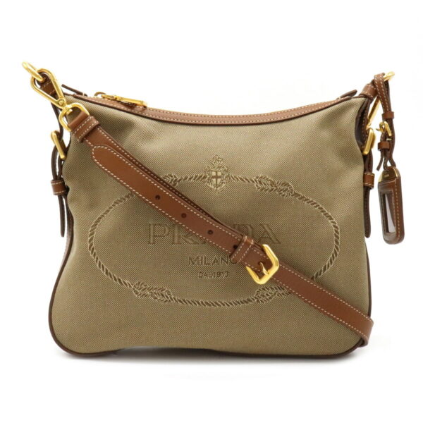 12101613 Prada Logo Jacquard Leather Crossbody Bag Khaki Beige Brown