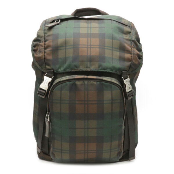 12101681 Prada Check Nylon Leather Rucksack Green Brown