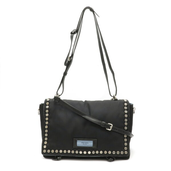 12110308 Prada 2WAY Studded Nylon Leather Etiquette Tote Bag Nero Black