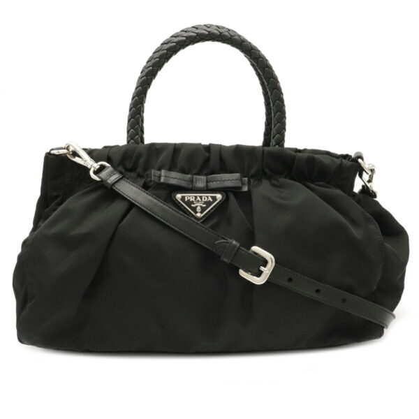 12110781 Prada Tessuto Bow Gathered Nylon Leather 2WAY Handbag Nero Black