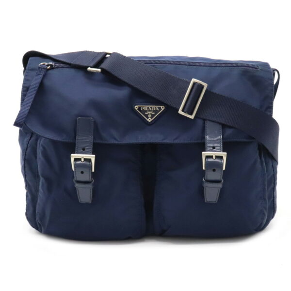 12110860 Prada Vela Nylon Leather Messenger Bag Navy Blue