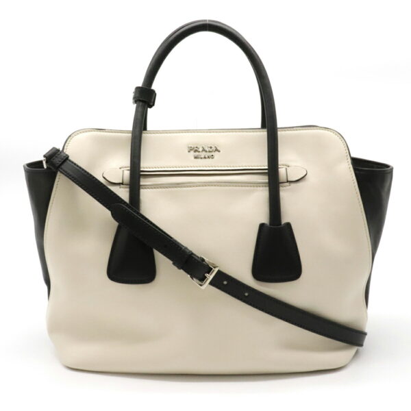 12120226 Prada Soft Calf Leather 2WAY Shoulder Bag Talco Ivory Nero Black