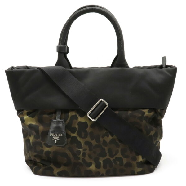 12120238 Prada Tessuto Reversible Leopard Nylon Tote Bag Green Black