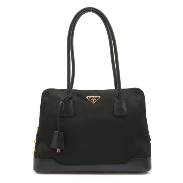 12120910 Prada Nylon Leather Shoulder Tote Bag Nero Black