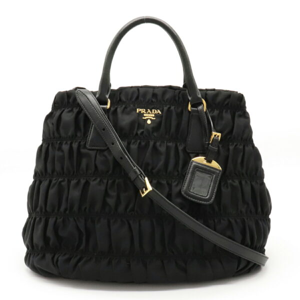 12120991 Prada Gathered Nylon Leather 2WAY Shoulder Bag Nero Black