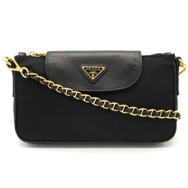 12131007 Prada Chain Nylon Leather 2WAY Clutch Bag Nero Black