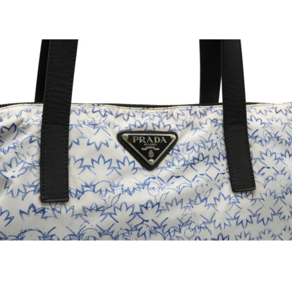 12150659 7 Prada Flower Print Floral Nylon 2WAY Shoulder Bag Blue White