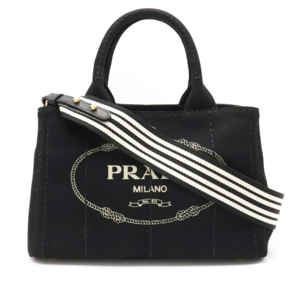 12170811 Prada Canapa Striped Canvas 2WAY Shoulder Bag Nero Black