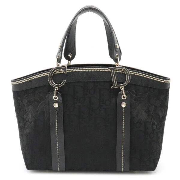 12201091 1 Christian Dior Trotter Flower Embroidery Tote Bag Canvas Leather Black