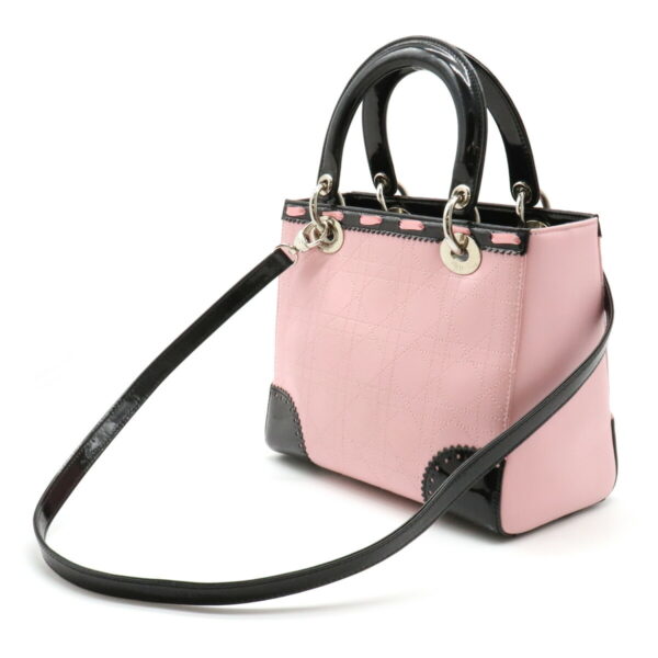 12210544 2 Christian Dior Lady Dior Handbag 2WAY Leather Enamel Pink Black