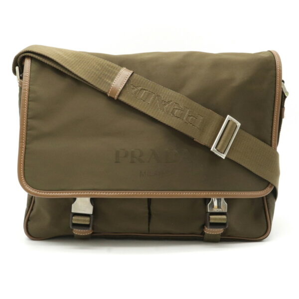 12211341 1 Prada Logo Jacquard Crossbody Nylon Leather Khaki Brown