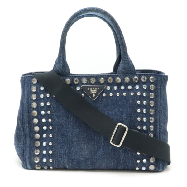 12220792 1 Prada Canapa Bijou Studded Denim 2WAY Shoulder Bag Blue