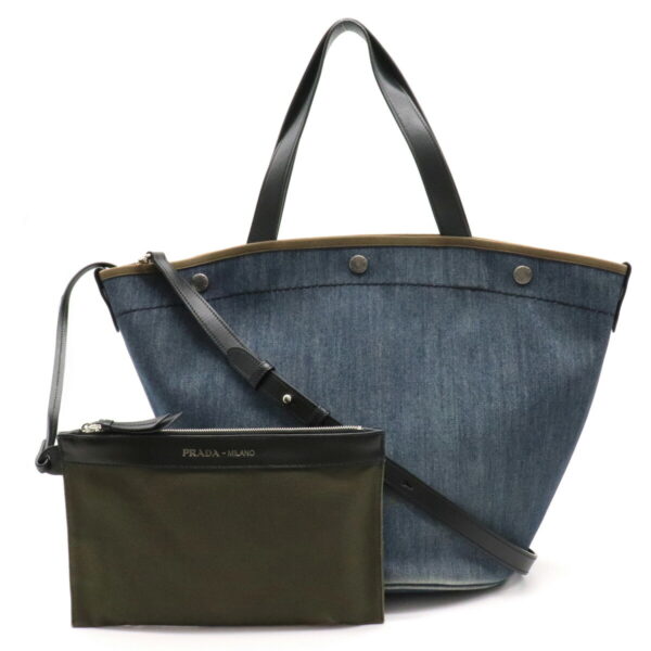 12230260 1 Prada Denim Leather 2WAY Shoulder Bag Blue Khaki